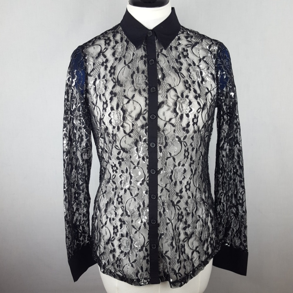 Sheer Black Lace Blouse with Silver Metallic